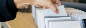 Close up of woman choosing quartz materials