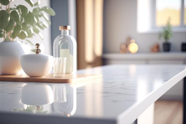 A quartz countertop sits in the midst of a newly-renovated kitchen