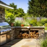 An outdoor kitchen with a grill and a large countertop