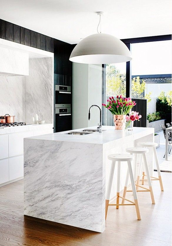 A waterfall island in a new kitchen