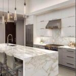 A kitchen with a porcelain countertop