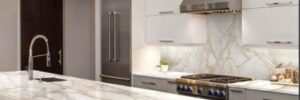 A kitchen with a porcelain countertop