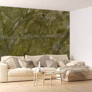 A living room with an Alga Green marble wall from MC Granite Countertops in Atlanta.