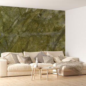 A living room with an Alga Green marble wall from MC Granite Countertops in Atlanta.