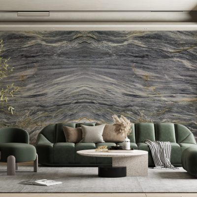 A living room with an Cobalt marble wall from MC Granite Countertops in Atlanta.